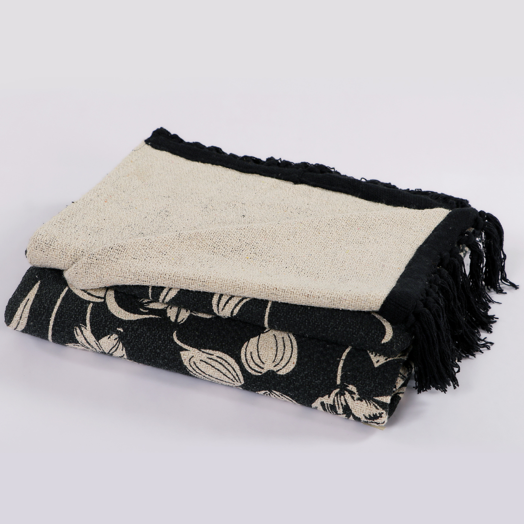 Black & Beige Handwoven Cotton Throw with fringe 50" x 60" (127 x 172 cm)